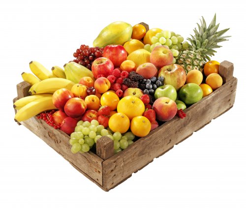 Wooden,Box,Filled,With,Assorted,Fresh,Fruit,On,Whit